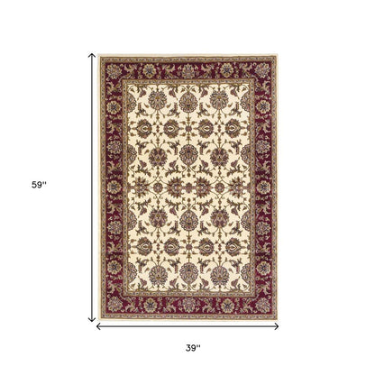 3' X 5' Red Ivory And Brown Floral Medallion Area Rug