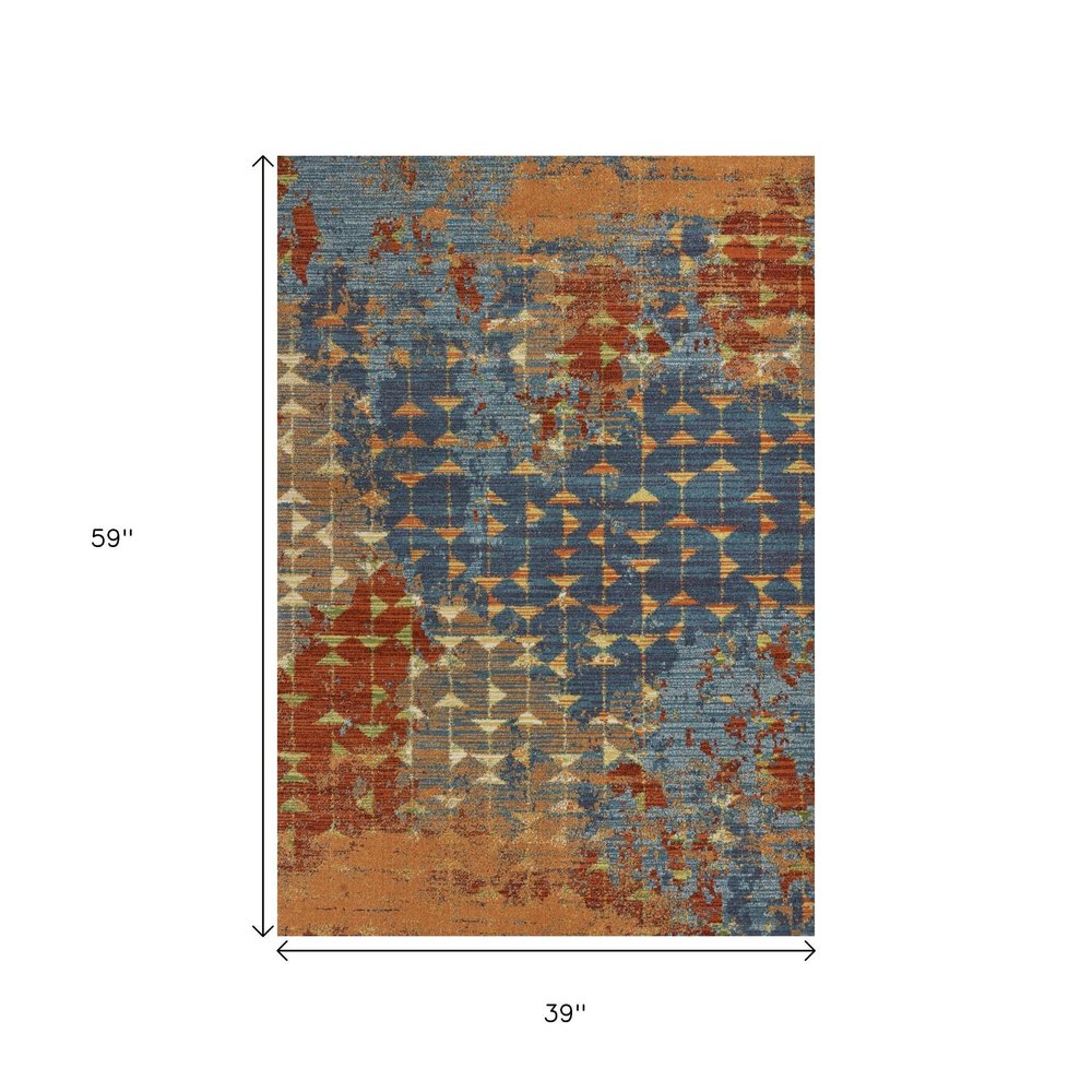 3' X 5' Blue Red And Orange Abstract Area Rug