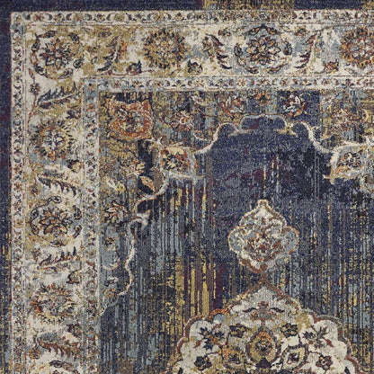 3' X 5' Navy Blue Gold And Ivory Medallion Area Rug