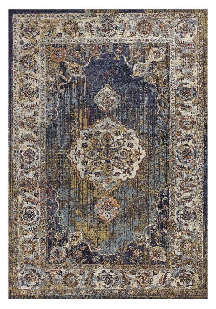 3' X 5' Navy Blue Gold And Ivory Medallion Area Rug