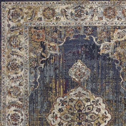 3' X 5' Navy Blue Gold And Ivory Medallion Area Rug
