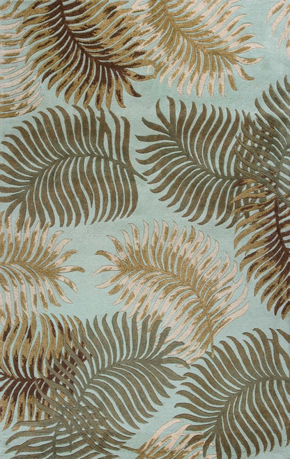 8' Aqua And Brown Wool Botanical Leaves Hand Tufted Runner Rug