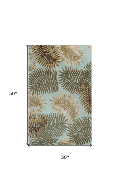 8' Aqua And Brown Wool Botanical Leaves Hand Tufted Runner Rug