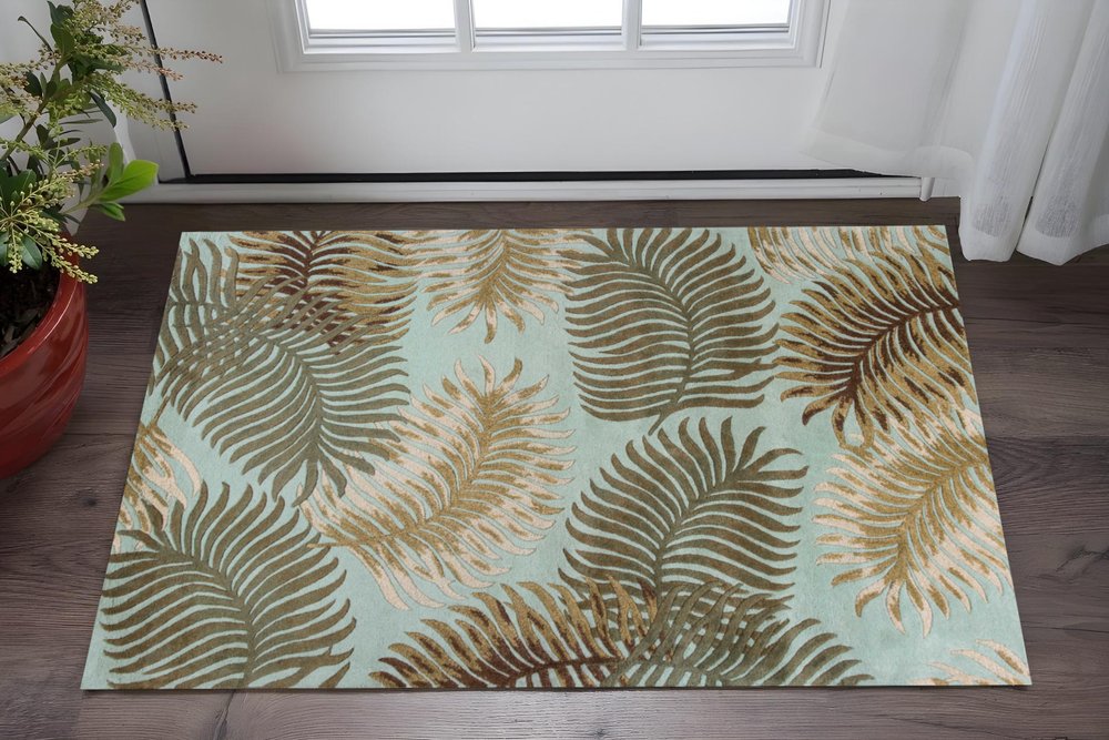 8' Aqua And Brown Wool Botanical Leaves Hand Tufted Runner Rug