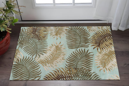 8' Aqua And Brown Wool Botanical Leaves Hand Tufted Runner Rug