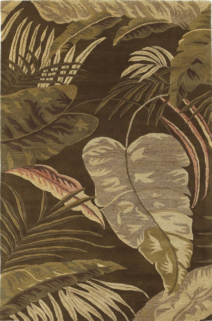 7' Brown And Beige Wool Botanical Leaves Hand Tufted Round Rug
