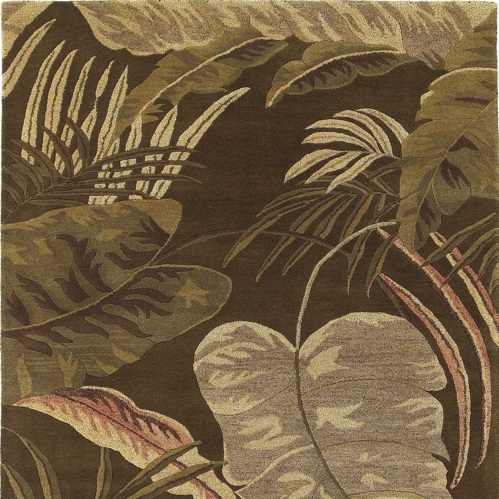 7' Brown And Beige Wool Botanical Leaves Hand Tufted Round Rug