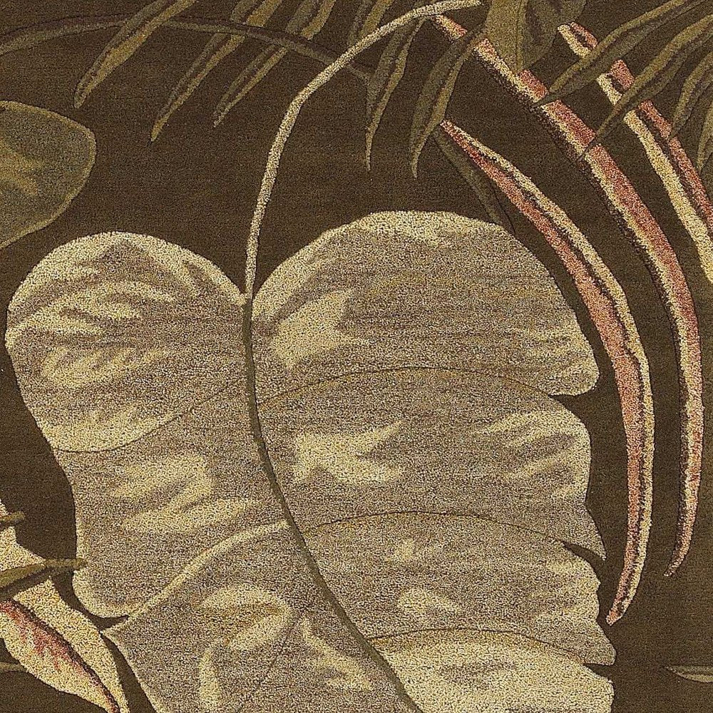 7' Brown And Beige Wool Botanical Leaves Hand Tufted Round Rug