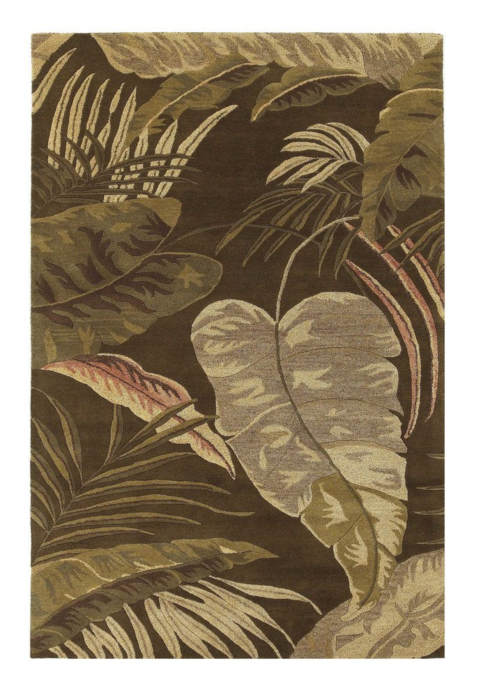 7' Brown And Beige Wool Botanical Leaves Hand Tufted Round Rug