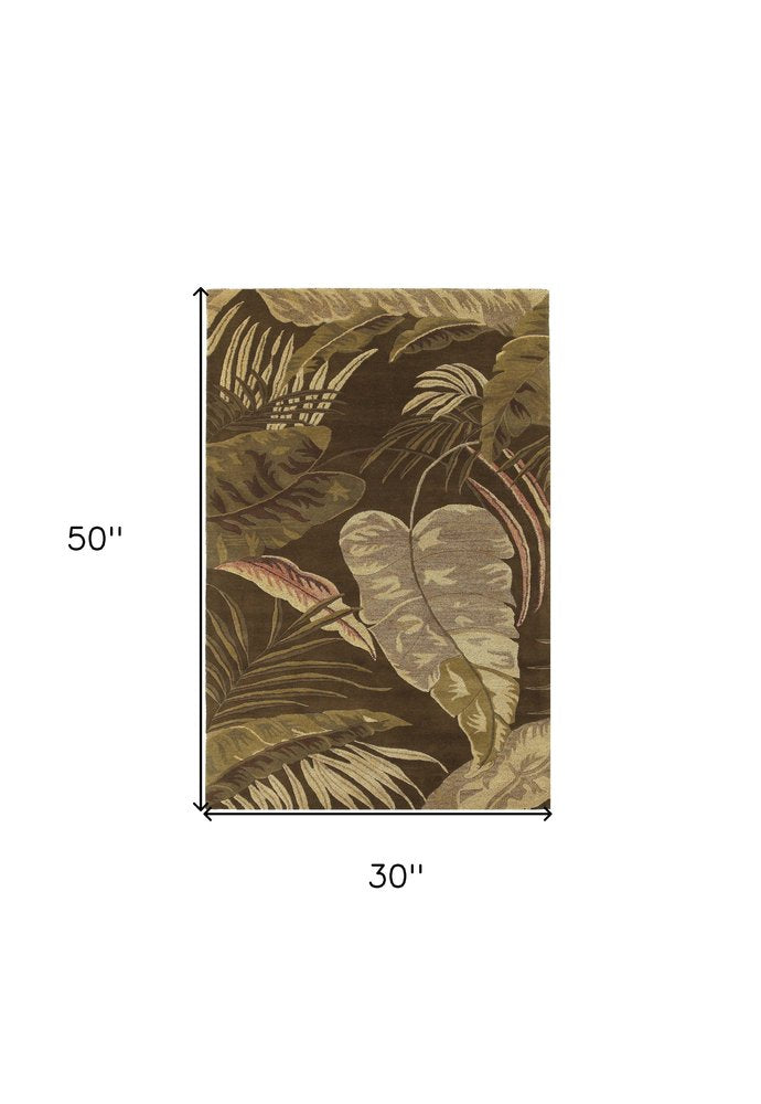 7' Brown And Beige Wool Botanical Leaves Hand Tufted Round Rug