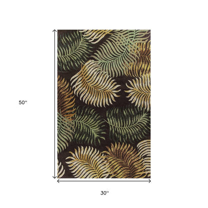 8' Espresso Beige And Green Wool Botanical Leaves Hand Tufted Runner Rug