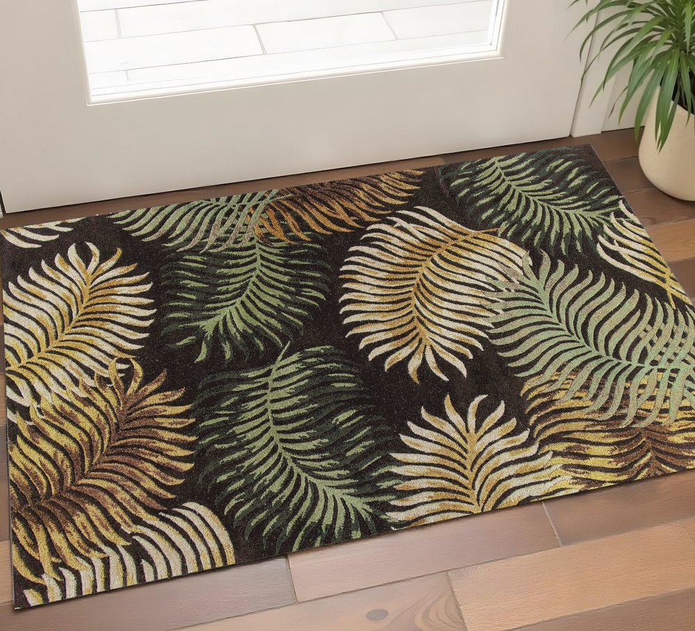 8' Espresso Beige And Green Wool Botanical Leaves Hand Tufted Runner Rug