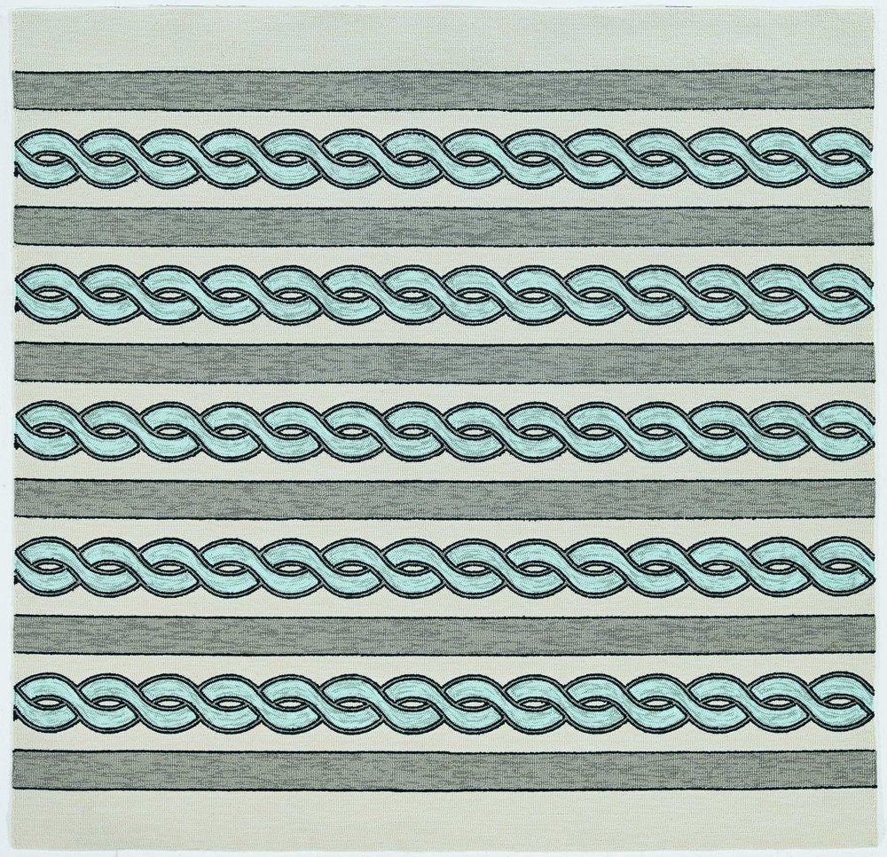 6' X 9' Ivory Light Blue And Gray Geometric Hand Hooked Area Rug