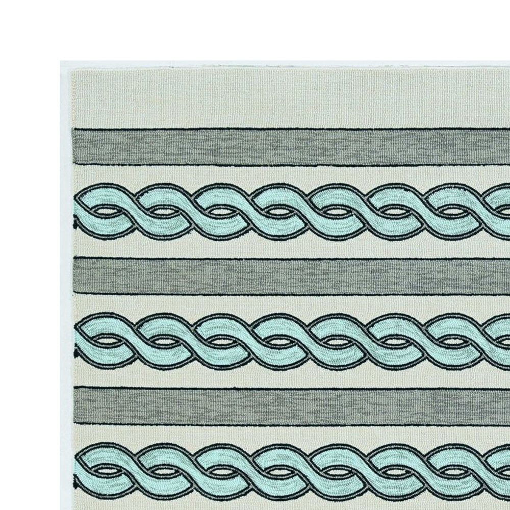 6' X 9' Ivory Light Blue And Gray Geometric Hand Hooked Area Rug