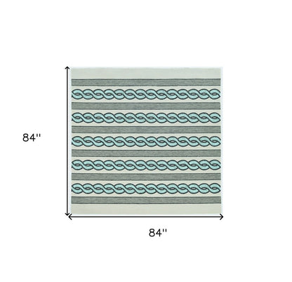 6' X 9' Ivory Light Blue And Gray Geometric Hand Hooked Area Rug