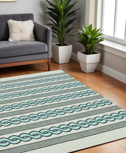 6' X 9' Ivory Light Blue And Gray Geometric Hand Hooked Area Rug