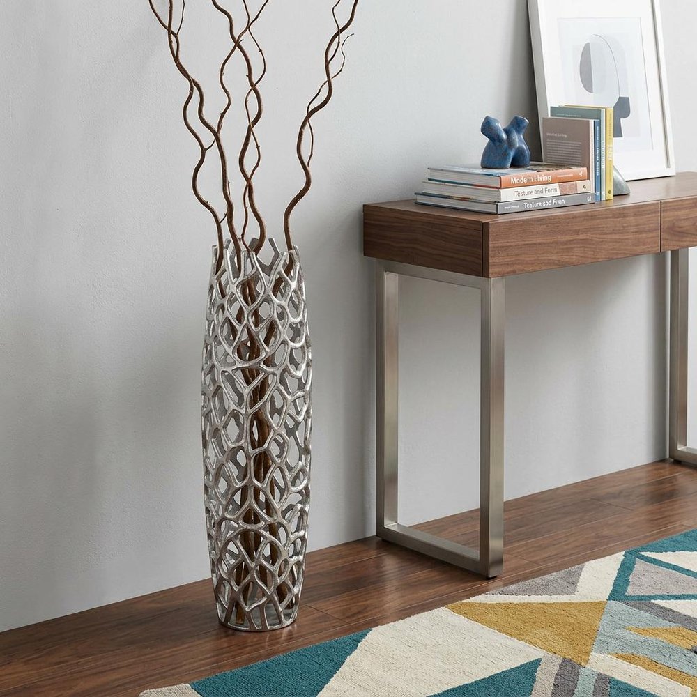 40" Aluminum Silver Twigs Cylinder Floor Vase