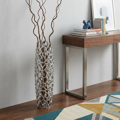 40" Aluminum Silver Twigs Cylinder Floor Vase
