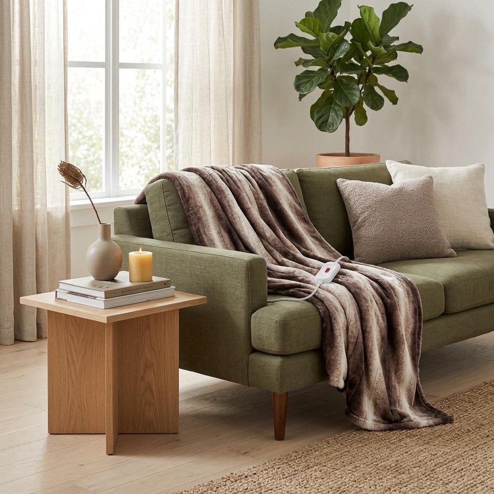 50" X 60" Brown And White Modern Contemporary Heated  Throw Blankets