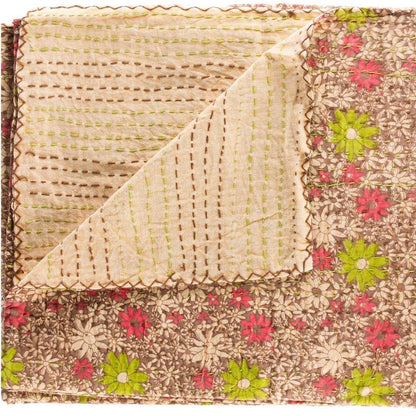 50" X 70" Maroon Yellow and Green Kantha Cotton Floral Throw Blanket with Embroidery