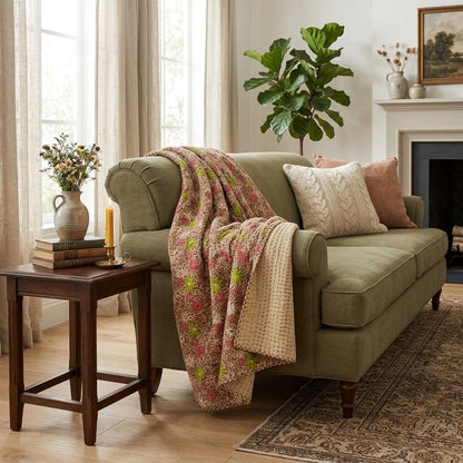 50" X 70" Maroon Yellow and Green Kantha Cotton Floral Throw Blanket with Embroidery