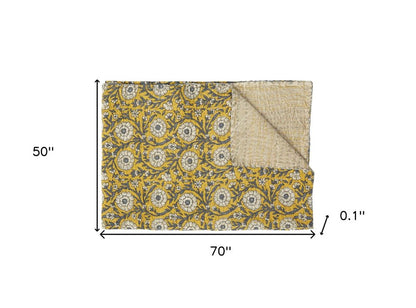 50" X 70" Green and Pink Kantha Cotton Paisley Throw Blanket with Embroidery