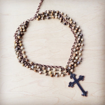 Picture Jasper Beaded Collar Necklace w/ Cross Pendant 261b