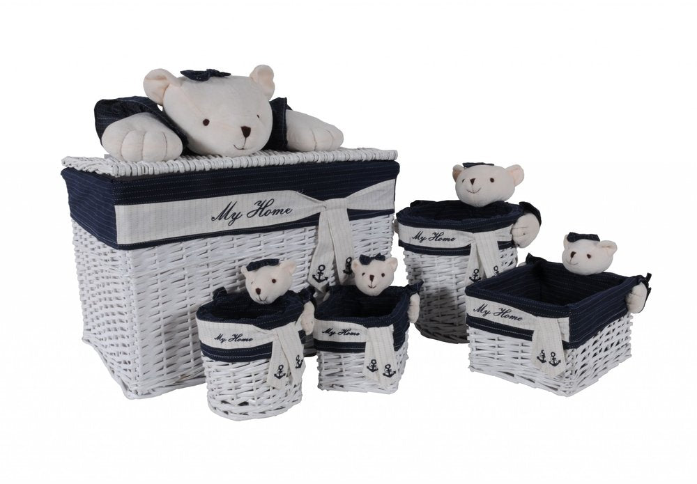 Set of Five Blue And White Rattan Basket