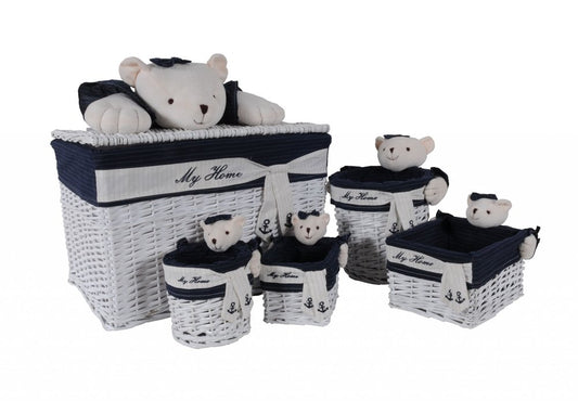 Set of Five Blue And White Rattan Basket