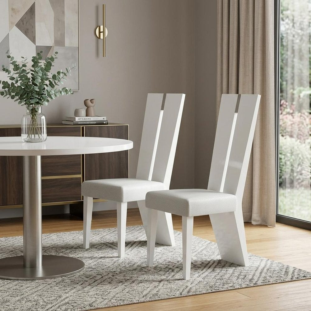 Set of Two White Upholstered Faux Leather Ladder Back Dining Side Chairs