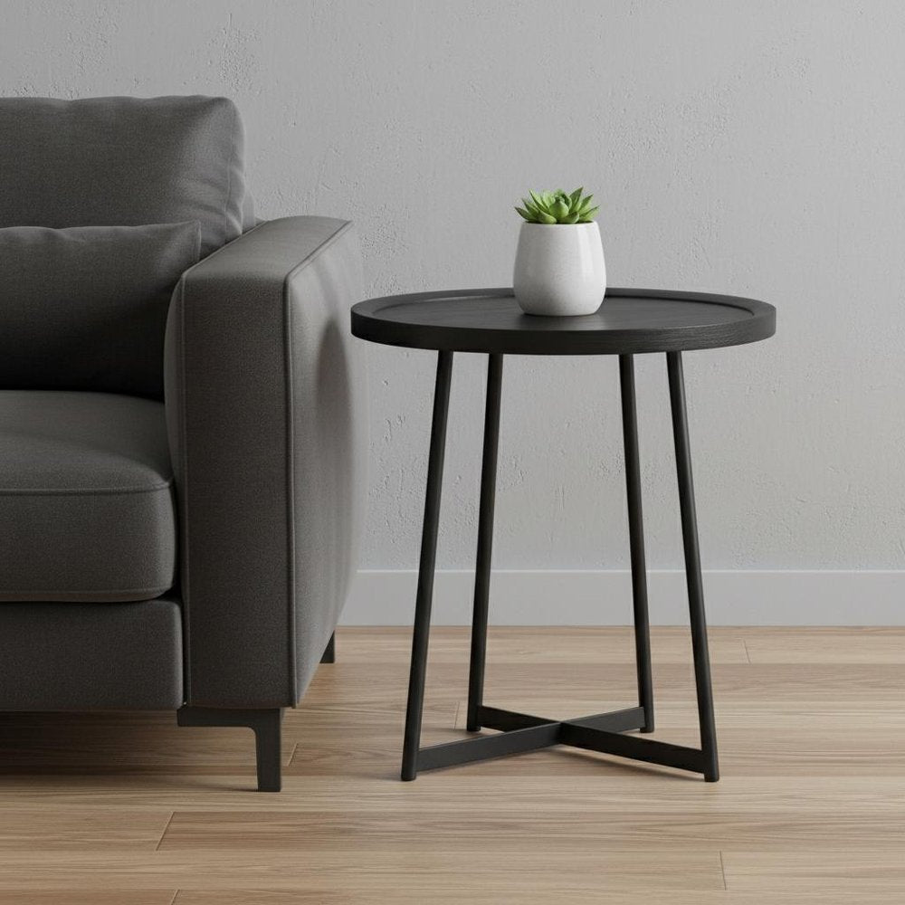 21.66" X 21.66" X 22.05" Round Side Table In Black Ash Wood And Black