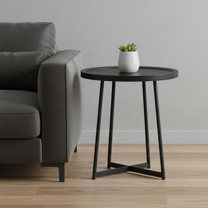 21.66" X 21.66" X 22.05" Round Side Table In Black Ash Wood And Black