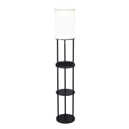 67" Black Metal Column Floor Lamp With White Linen Shade