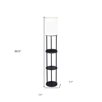 67" Black Metal Column Floor Lamp With White Linen Shade