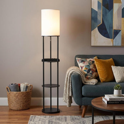 67" Black Metal Column Floor Lamp With White Linen Shade