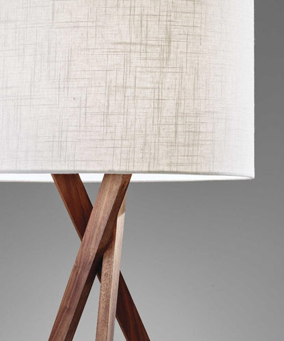 63" Brown And White Solid Wood Tripod Floor Lamp With White Linen Drum Shade