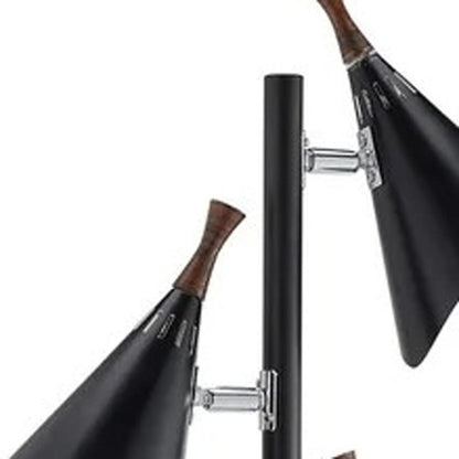 68" Black Three Light Tree Floor Lamp With Black Metal Cone Shade
