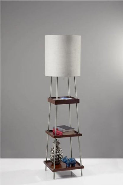 63" Brown And White Column Floor Lamp With White Fabric Drum Shade