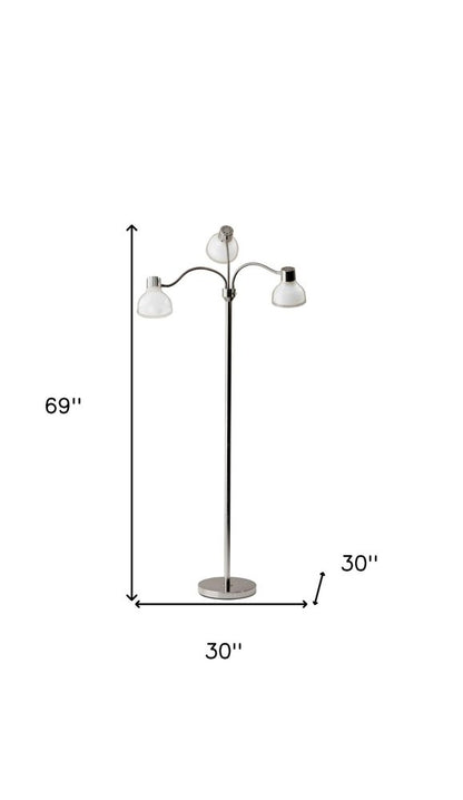 69" Silver Three Light Tree Floor Lamp With White Plastic Bowl Shade