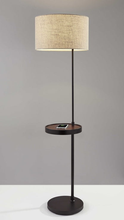 64" Beige And Black Tray Table Floor Lamp With Beige Fabric Drum Shade