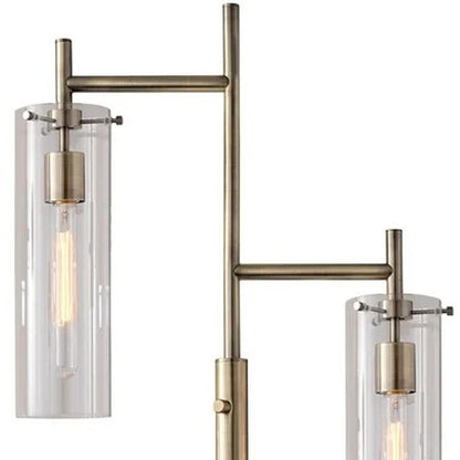Brass Metal Two Light Novelty Floor Lamp With Clear Glass Drum Shade