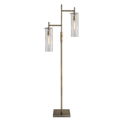 Brass Metal Two Light Novelty Floor Lamp With Clear Glass Drum Shade