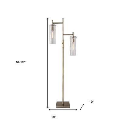 Brass Metal Two Light Novelty Floor Lamp With Clear Glass Drum Shade