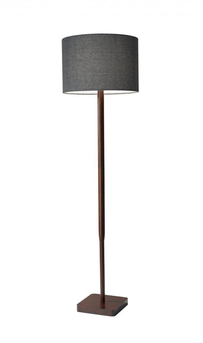 59" Brown And Black Solid Wood Floor Lamp With Dark Gray Fabric Drum Shade