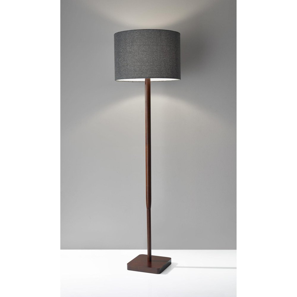 59" Brown And Black Solid Wood Floor Lamp With Dark Gray Fabric Drum Shade
