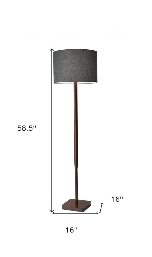 59" Brown And Black Solid Wood Floor Lamp With Dark Gray Fabric Drum Shade