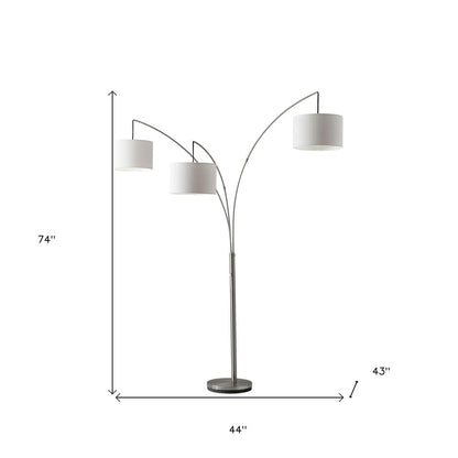74" Silver Three Light Tree Floor Lamp With White Linen Drum Shade