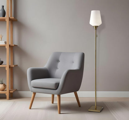 71" Brass Metal Torchiere Floor Lamp With White Glass Novelty Shade