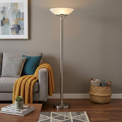 Frosted Glass Shade Uplighting Torchiere In Brushed Steel