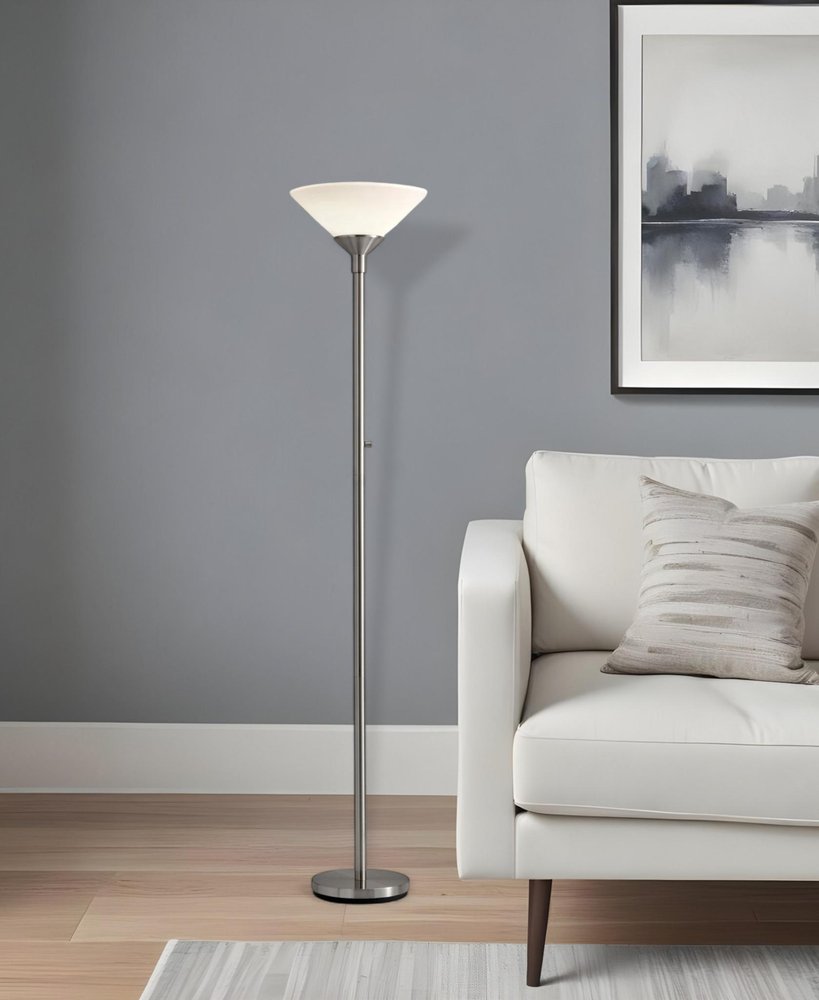 73" Black And White Torchiere Floor Lamp With White Acrylic Cone Shade